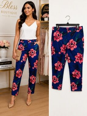 Banana Republic Navy Blue Cropped Pants with Pink Floral Print